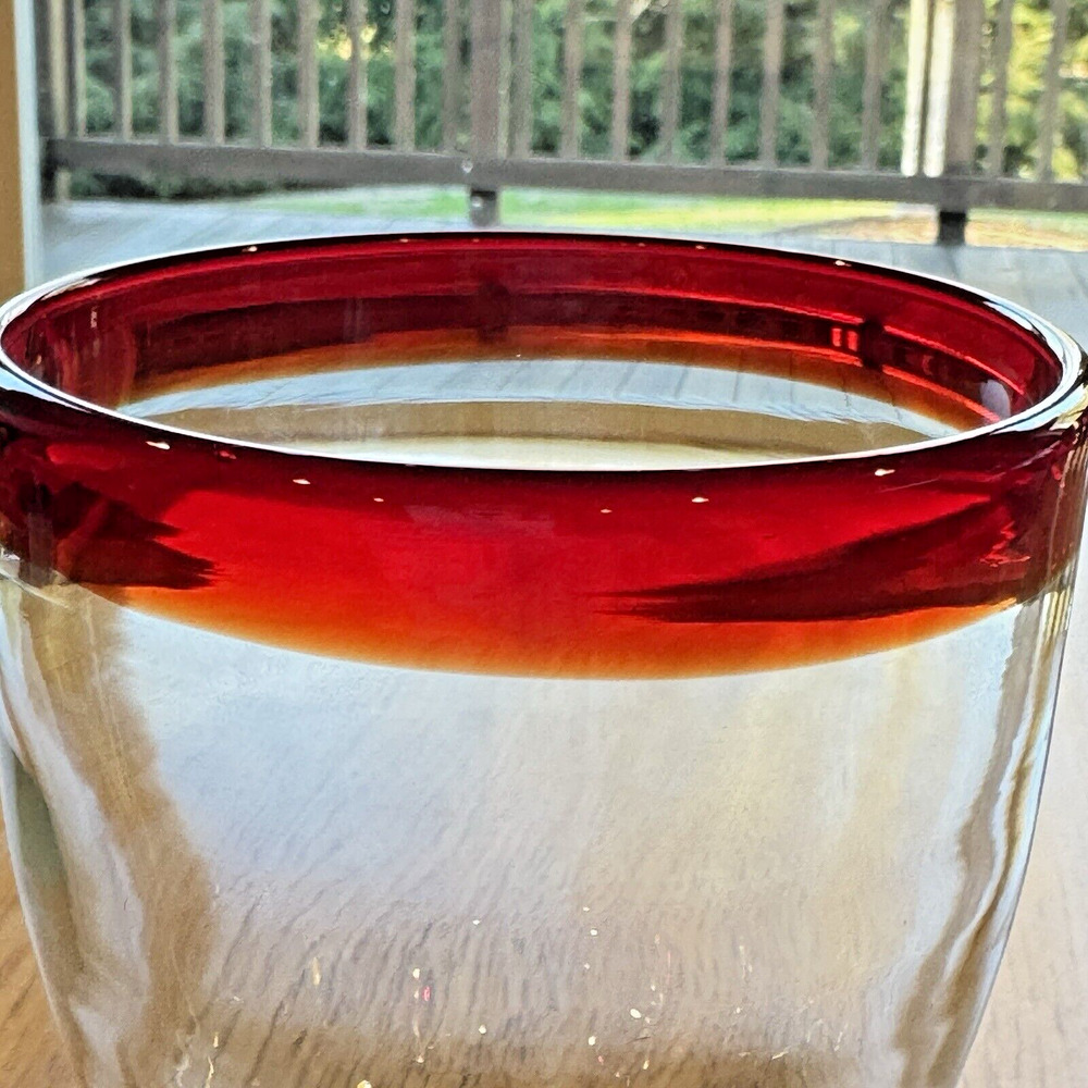 Wine Sangria Glasses Red Rim Mexican Hand Blown Thick Glass Set/2 Barwar… - Picture 3 of 6